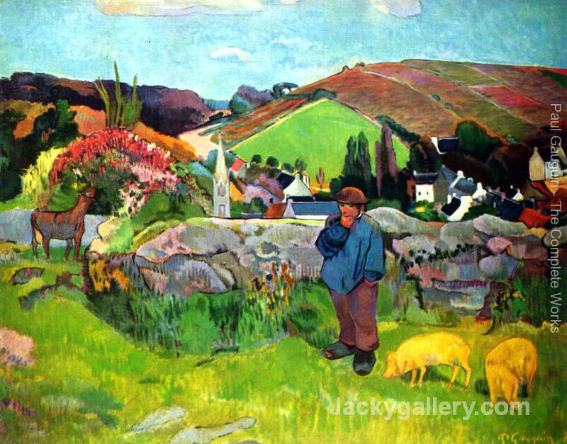 Bretoni landscape with Schweinehirt by Paul Gauguin paintings reproduction